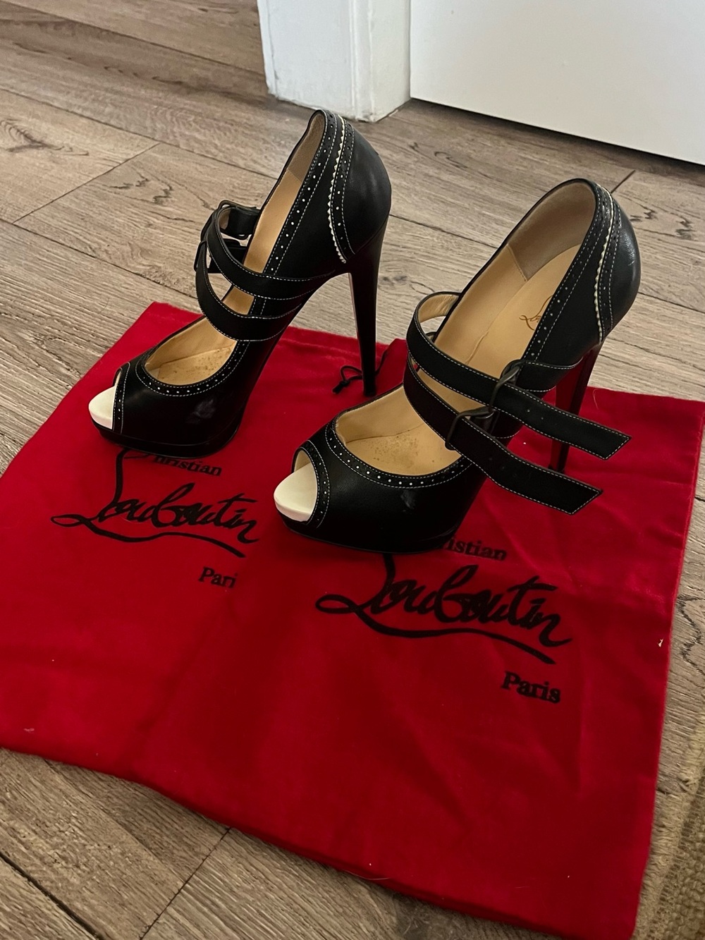 Christian Louboutin Black Leather Peep-Toe Mary Jane Pumps